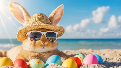 Happy Easter tradition. A relaxed bunny in sunglasses and a straw hat sits on the beach among colorful eggs.