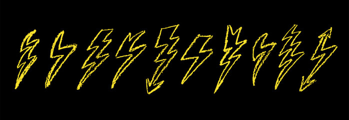 Set of lightning by wax pencil drawing. Collection of handdrawing chalk , light flash signs, Doodle thunder bolts, golden color design elements. Graffiti style weather symbols. Vector illustration
