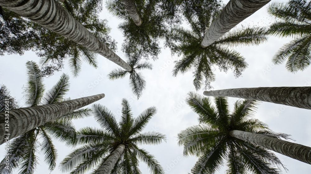 Poster low angle view of palm trees converging towards a cloudy sky, evoking height and tranquility in a lu