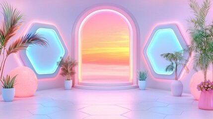 Acoustic ceiling sound absorb. A serene, futuristic interior with pink and blue neon lighting, plants, and a vibrant sunset visible through a hexagonal window.