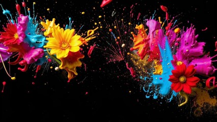 Horizontal abstract background of bright neon colors in the form of splashes of multi-colored paints similar to spring flowers on a black background