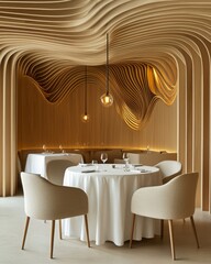 Acoustic ceiling sound absorb. A chic restaurant interior featuring elegant wooden waves, soft lighting, and a round table set for a refined dining experience.
