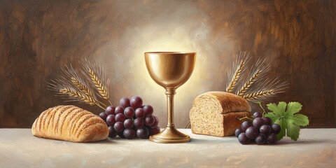 Fototapeta premium Happy Easter tradition. Golden chalice with bread and grapes on a textured background.