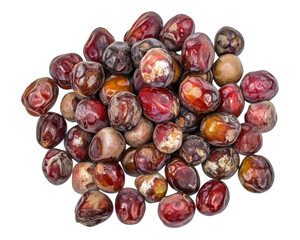 Obraz premium A pile of colorful, round fruits resembling jujubes, showcasing their varied textures and colors.