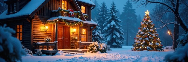 Fototapeta premium Whimsical winter scene featuring a decorated Christmas tree and building entrance, glimmering lights, sparkling snowfall, building entrance