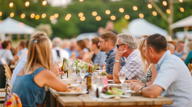 a group of friends enjoying a meal together at an outdoor gathering, creating a warm and convivial atmosphere. string lights hang overhead, illuminating the scene as they share stories and laughter.