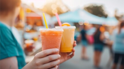 Two refreshing drinks, one pink and one yellow, with straws, are held in a person's hand.  The drinks are refreshing and visually appealing, ideal for a summer day, party, or event.