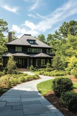 Beautiful modern house surrounded by lush greenery on a sunny day in a peaceful neighborhood offers a tranquil and inviting atmosphere for relaxation and enjoyment