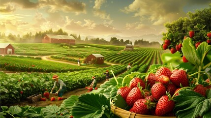 a picturesque farm scene with a basket of fresh strawberries, a red barn, and workers picking fruit in a field. The sun casts a warm glow over the lush green landscape.