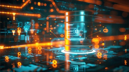 a glowing blue cylinder with a futuristic design sits on a platform surrounded by a complex, abstract background with orange and teal hues