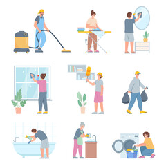 People doing housework. Cleaning Home charaters. Washing Dishes, clothes, mirror, bath and window, throwing out trash, Vacuuming and ironing. Vector illustrations on white background.