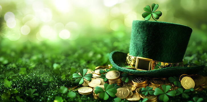 St. Patrick's Day abstract green background decorated with shamrock leaves. Patrick Day pub party celebrating. Abstract Beer art design magic backdrop. Widescreen clovers on black with copy space