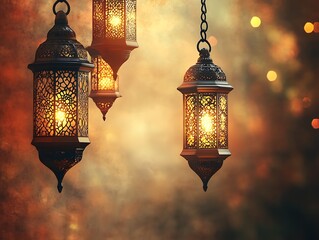 Illuminated ornate lanterns hanging against a smoky, warm background.