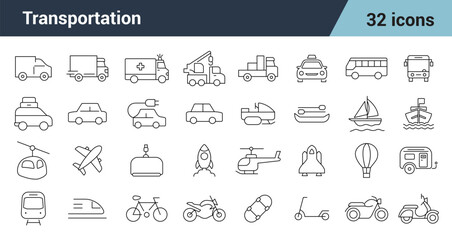 Transportation Line Editable Icons set. Includes Transport, Vehicle, ambulance    motorcycle , train, helicopter, bus, ship, plane vector illustration.