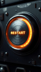 Fototapeta premium Close-up of a glowing restart button on a control panel with a sleek metallic design