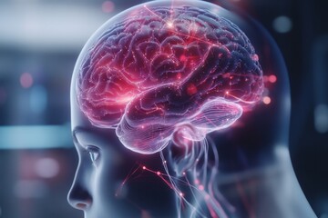 A 3D holographic projection of a human brain displaying neural activity