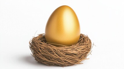 Obraz premium Happy Easter tradition. Golden egg nestled in a textured nest on a clean white background.