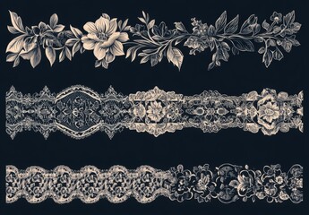Fototapeta premium A set of seven dark-colored lace borders with different pattern styles