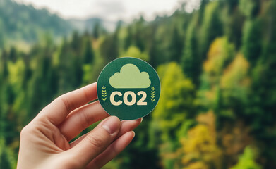 Reduce CO2 Emission Concept,Hand holding a circular cardboard with a co2 cloud and a down arrow, symbolizing the decrease of carbon dioxide emissions