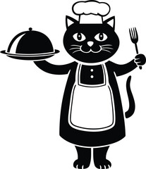 Cute cat wearing a chef's hat and apron vector illustration, Cat wearing a chef's hat and apron silhouette vector art, Cat wearing a chef's hat and apron line art vector icon design