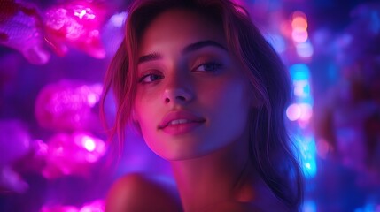 Woman portrait, neon lights, pink, purple, beauty.
