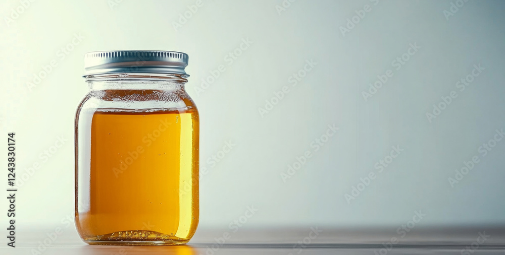 Poster A jar of golden honey stands on a smooth surface with splashes of the liquid reflecting soft light. The backdrop is plain, highlighting the honey's vibrant color and texture.