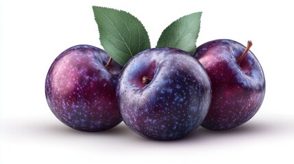 Fototapeta premium ripe plums with green leaf isolated on transparent background