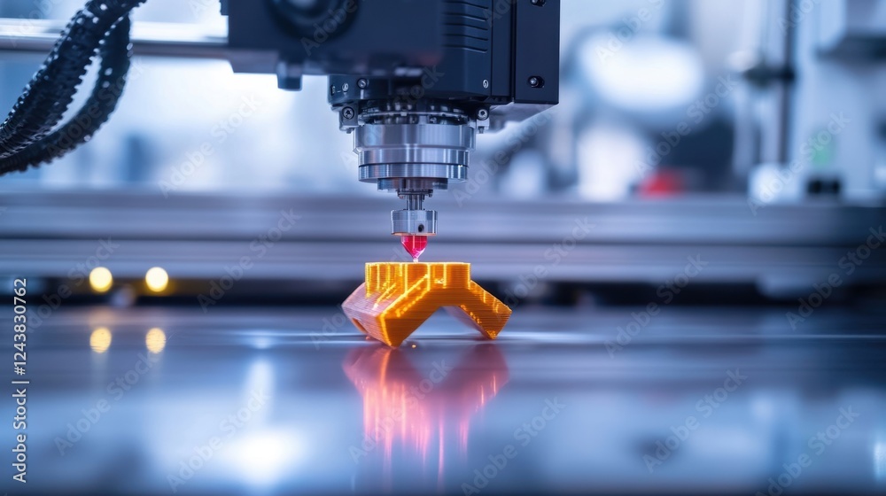 Poster automated industrial 3d printer is creating an orange plastic prototype layer by layer in a modern r