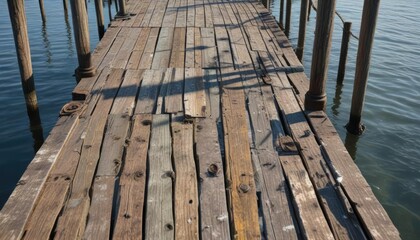 Fototapeta premium Wooden dock with weathered pilings and peeling paint, pier, weathered, wooden dock