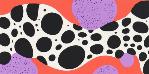 Fototapeta premium Black and white pebble pattern with lilac dots and coral bands. Bold abstract composition on a wide banner. Express creativity and modern energy. Perfect for branding headers.