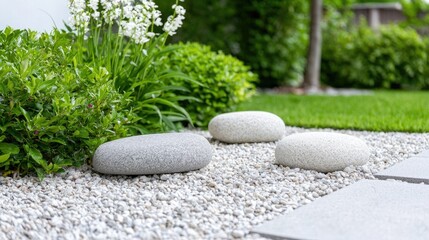 Garden stones pathway, landscaping, serene backyard