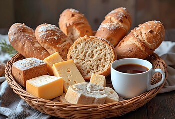 A basket of artisan breads and fine cheeses, accompanied by a cup of coffee