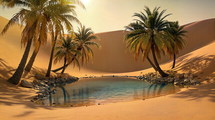 Obraz premium A hidden desert oasis, where a small, glassy pool of water sits quietly among golden dunes. timeless and immersive, deeply atmospheric and serene.