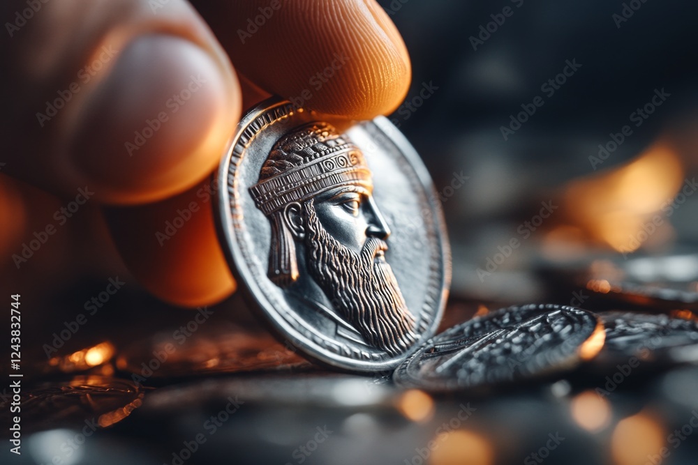 Poster A close-up of a hand holding an ancient coin with a ruler face engraved