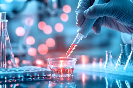 A close-up of a scientist hands using a pipette to transfer a liquid sample