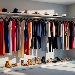 Wardrobe shelves with different stylish shoes and clothes indoors. Idea for interior design