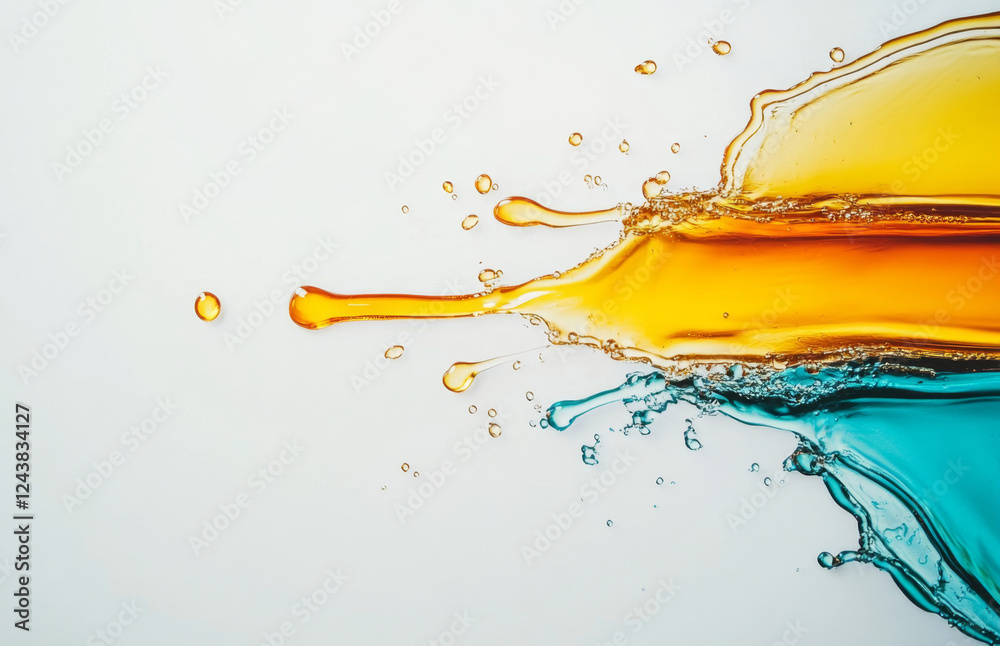 Aufkleber Bright splashes of honey coexist with vibrant liquid droplets, blending together in an artistic display. This dynamic interaction captures the essence of fluid motion and color contrast.