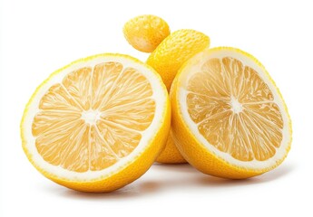 Fresh and Juicy Lemons Displayed with One Whole Fruit and Two Halved Slices on a Bright White Background for Culinary and Beverage Inspiration