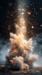 Magical explosion of golden particles and smoke clouds against dark background, perfect for mystical designs and fantasy artwork backgrounds.