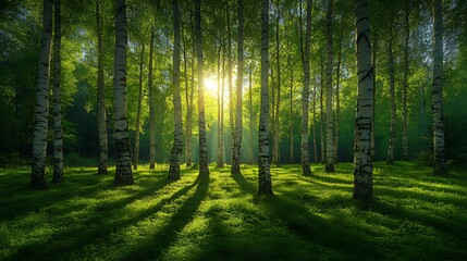 Sunrise Birch Forest Sunlight Nature Green Tranquil