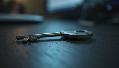 Large Old Fashioned Key With Worn Silver Finish On Polished Wooden Surface