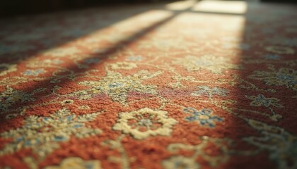 Fototapeta premium Ornate Red Carpet With Intricate Floral Patterns Illuminated By Sunlight