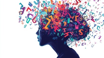 A human head silhouette with a colorful explosion of letters, numbers, and symbols emerging from it.