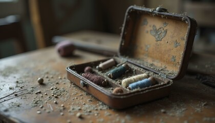 Vintage Dusty Sewing Box With Colorful Threads And Needles On Cluttered Wooden Surface