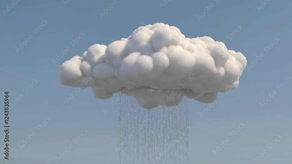 Poster Raindrops cascading from solitary white cumulus cloud against pristine azure sky, creating seamless looping animation depicting atmospheric water cycle with minimalist visual clarity