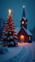 Fototapeta premium Church with cross aglow under a snow-covered Christmas tree, cross, decoration, illuminated