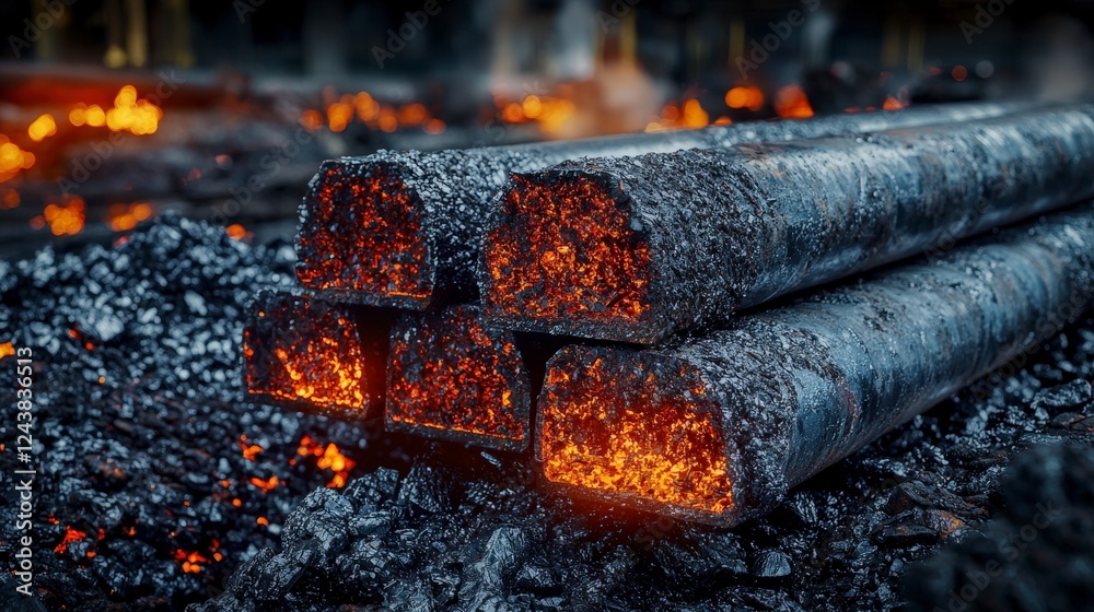 Aufkleber metal durability in high-temperature processing forging steel bars industrial workshop close-up dyna