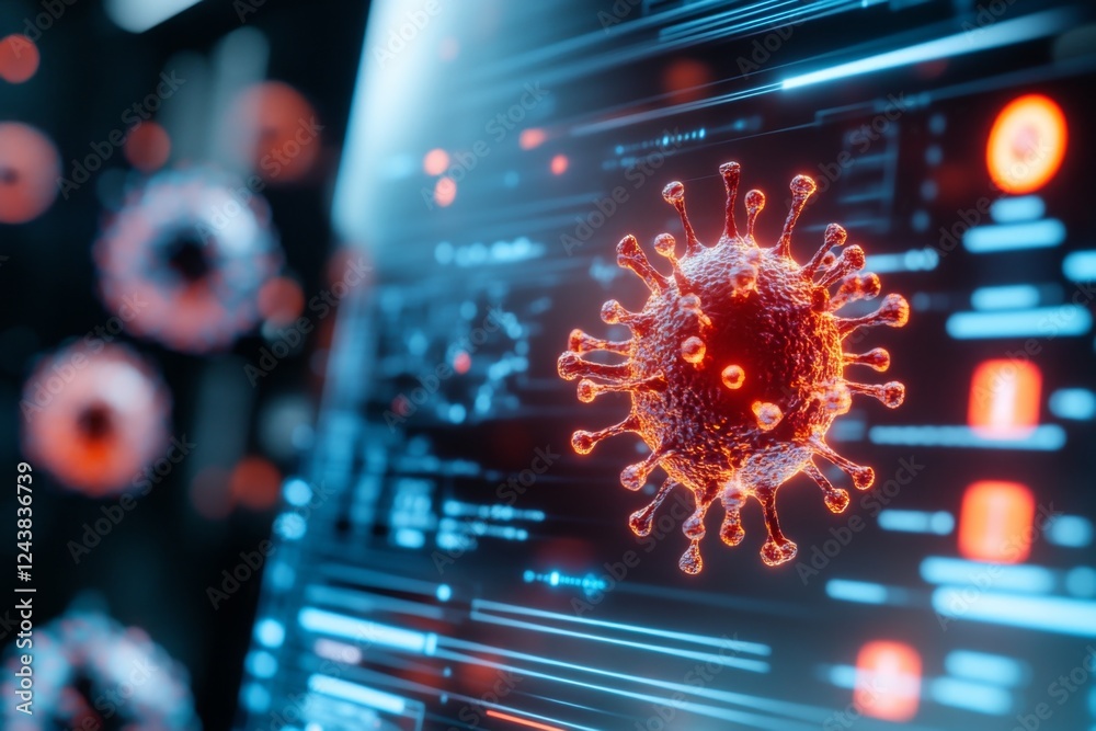 Aufkleber A digital 3D model of a virus being analyzed on a futuristic computer screen