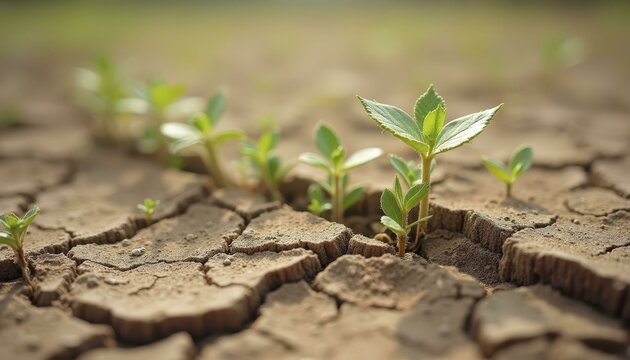Young Green Plants Growing Through Cracks In Dry Earth Symbolizing Resilience