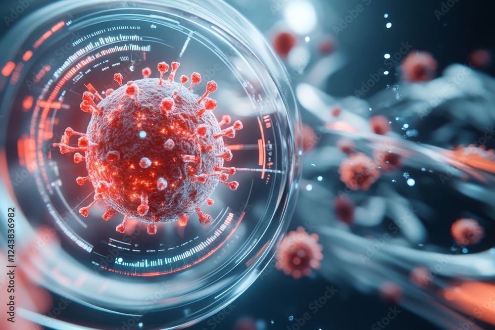 Poster a digital 3d model of a virus being analyzed on a futuristic computer screen